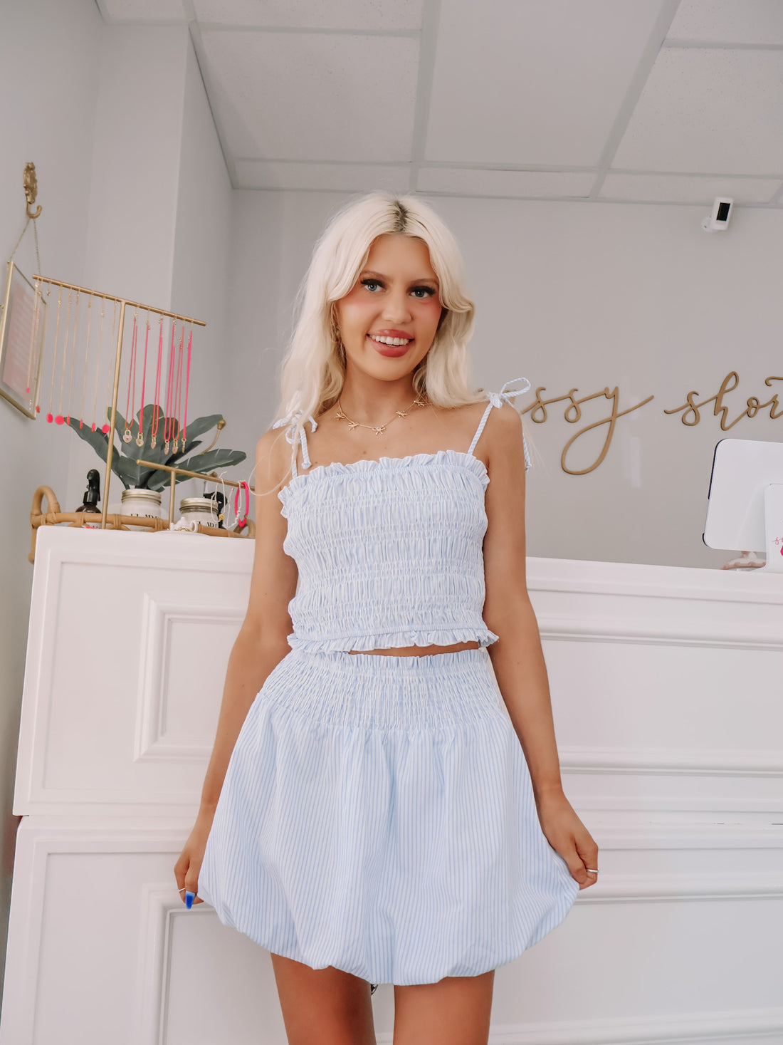 front view of the blue and white seersucker outfit set