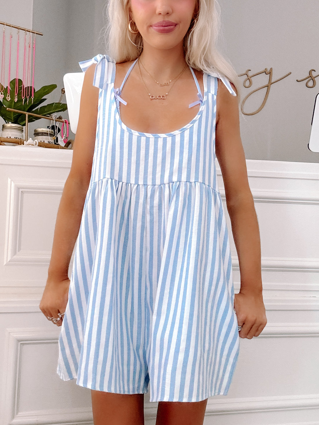 model wearing Beachy Babe Romper from Sassy Shortcake