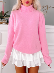 Blush & Berry pink turtleneck sweater, soft fuzzy texture
