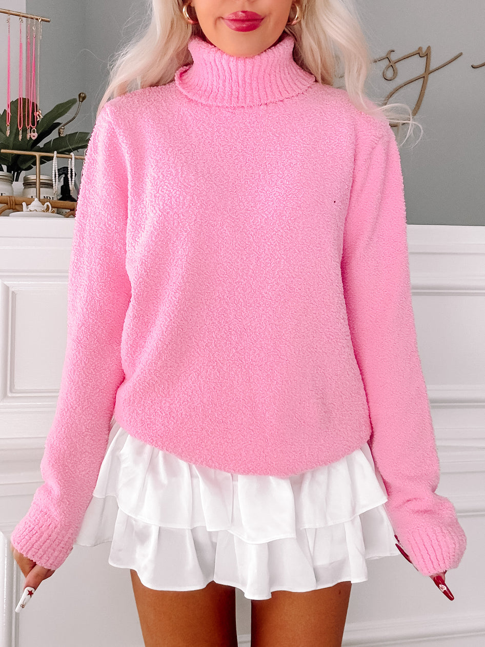 Blush & Berry pink turtleneck sweater, soft fuzzy texture
