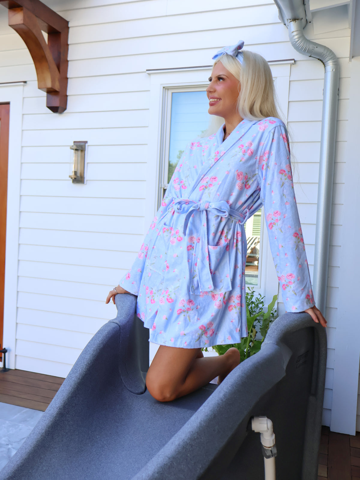 blue floral dressing gown Light Blue Polka Dot Short Dress with Lace Up Detail main image 0
