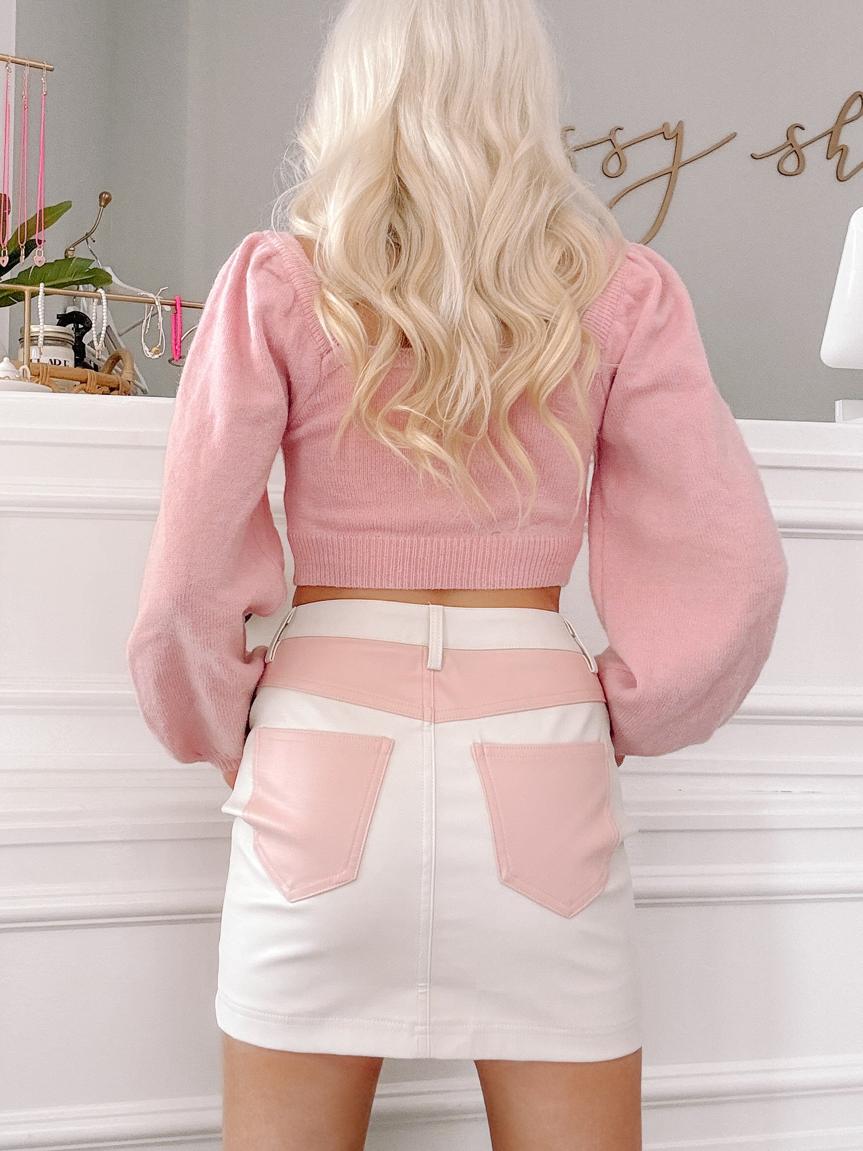 Blush Harmony skirt: White & pink mini skirt with contrasting leather-look panels.
