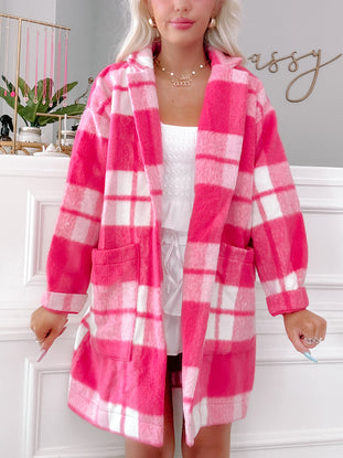 Pink and white checked fuzzy jacket with pockets
