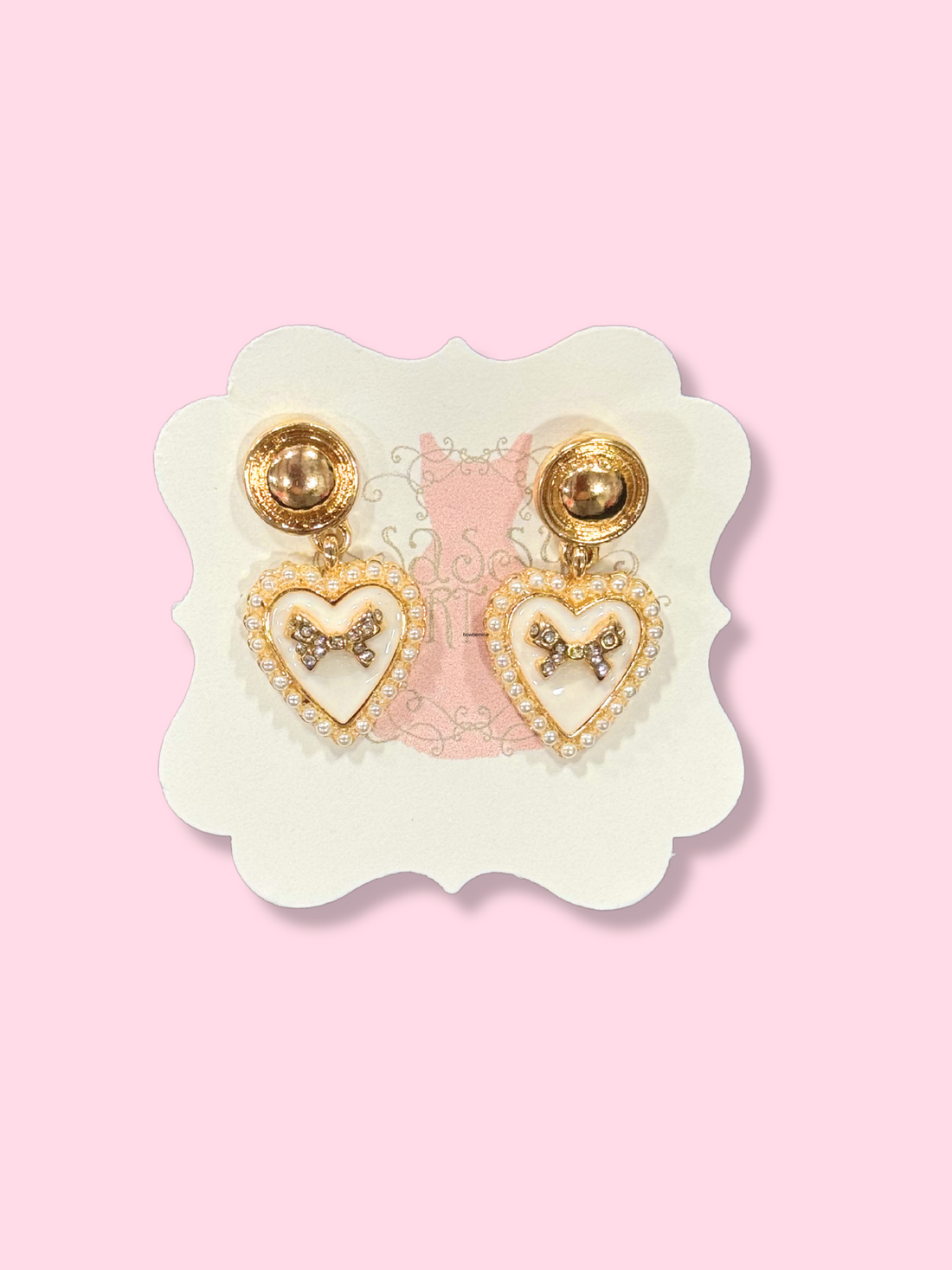 Bow be Mine heart earrings: gold, pearl, & rhinestone accents.
