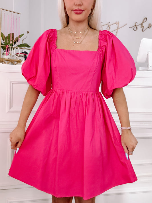 Hot pink Bow Kissed puff-sleeve mini dress
