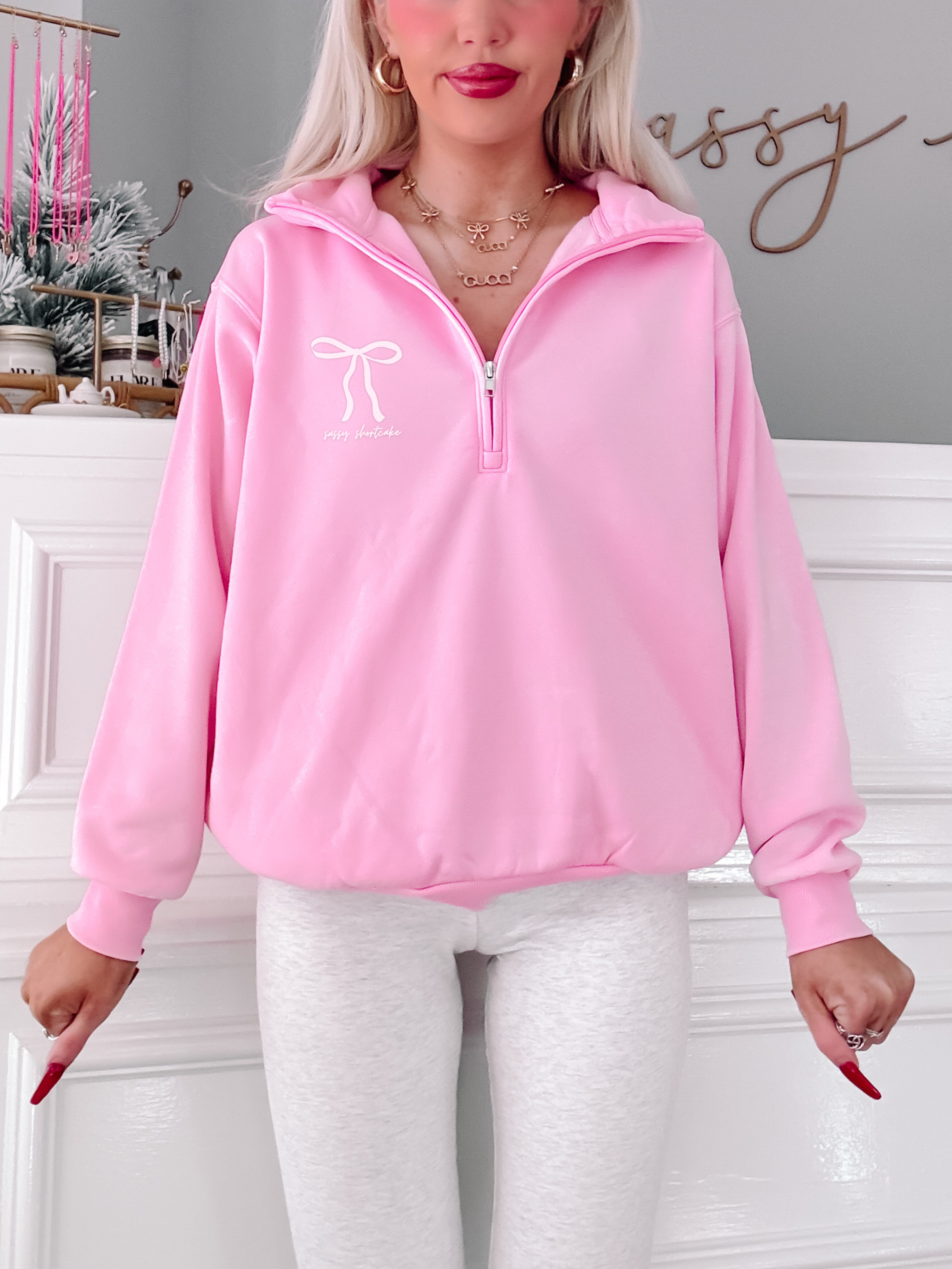 Bubblegum Pink Bow Quarter Zip | Sassy Shortcake | sassyshortcake.com