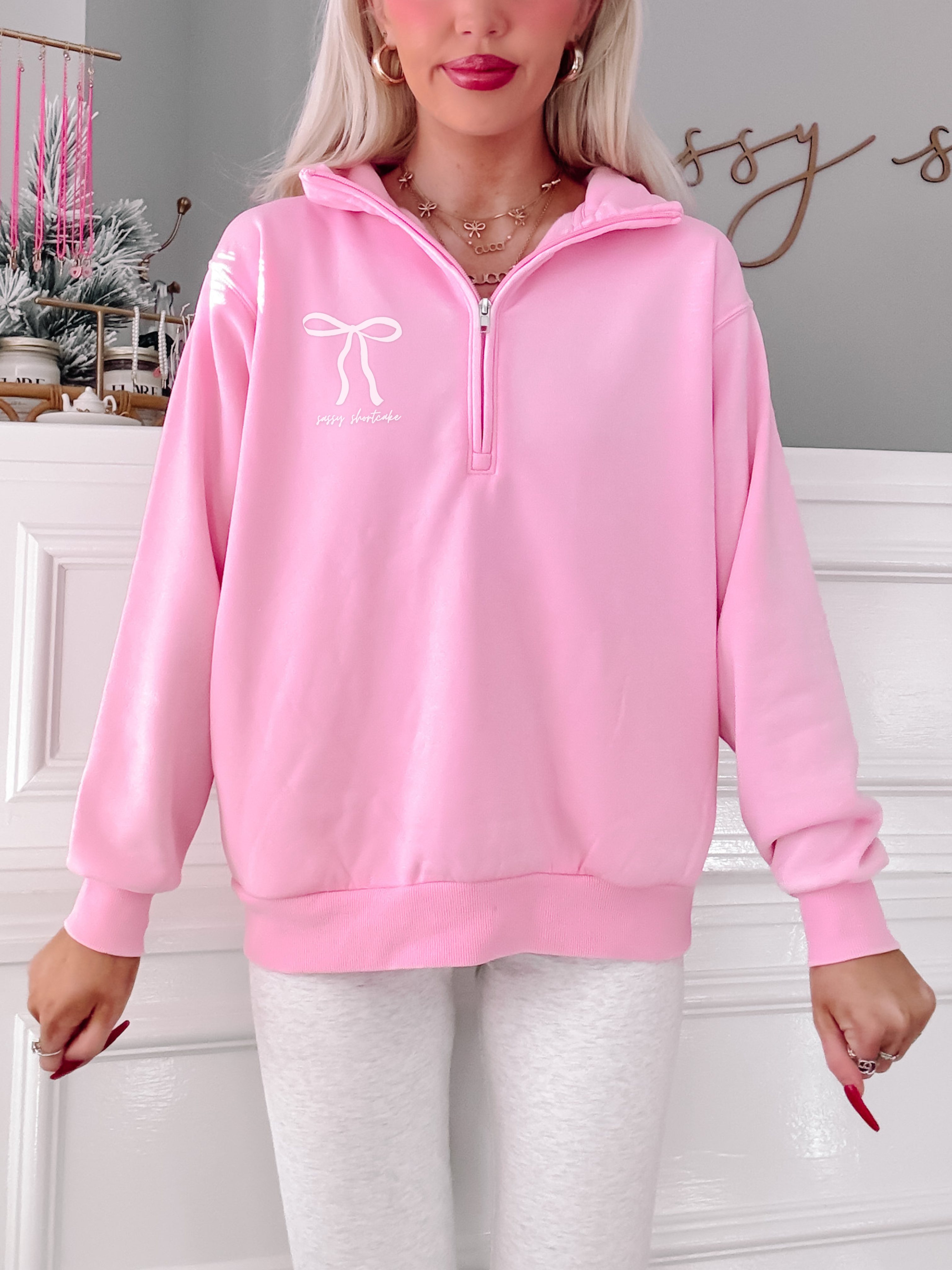 Bubblegum Pink Bow Quarter Zip | Sassy Shortcake | sassyshortcake.com