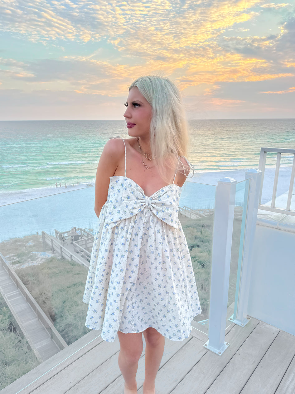 Sassy Shortcake Blue floral Bowshine Dress, showing dainty print and bow accents