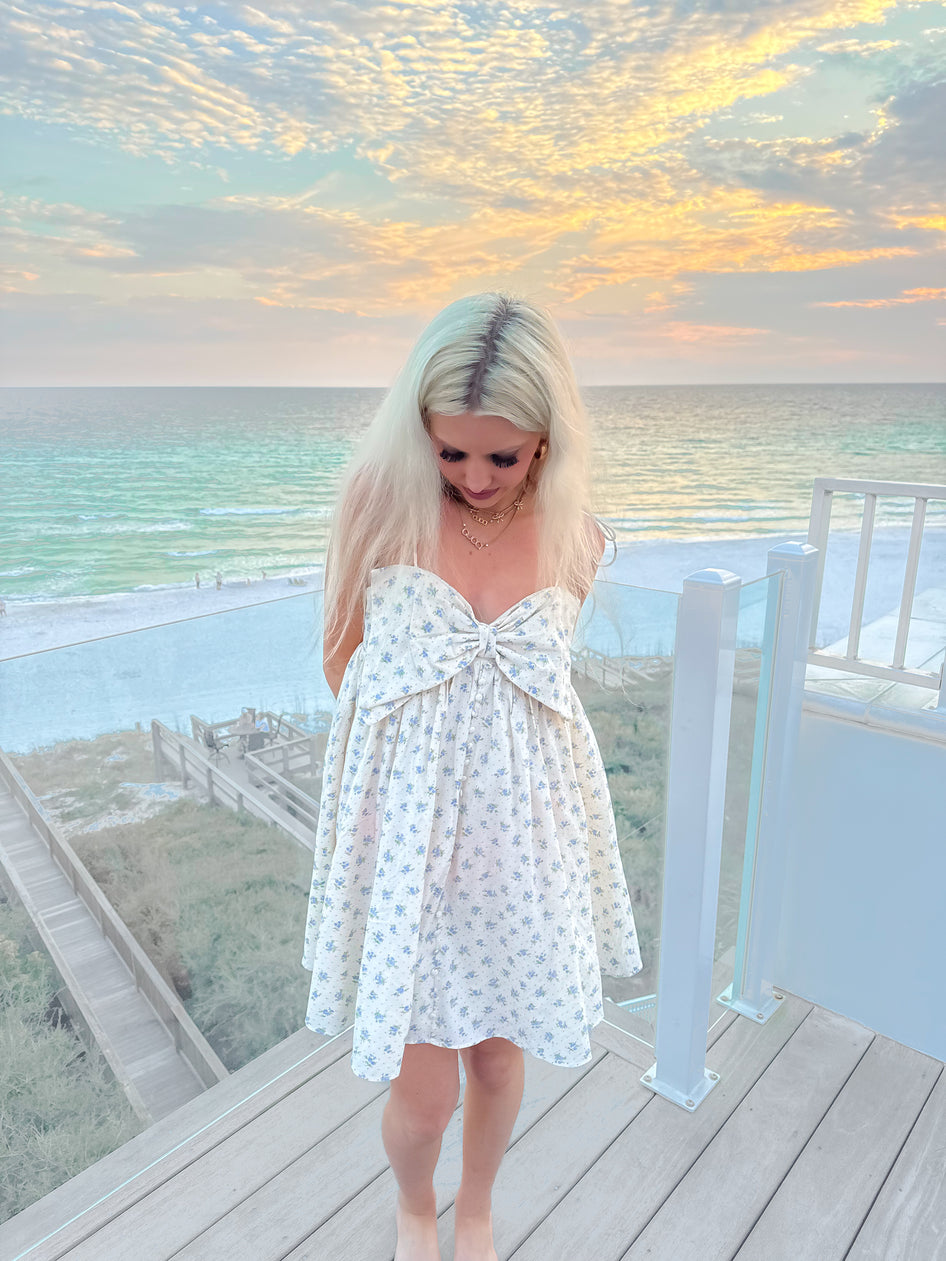 Blue floral Bowshine babydoll dress, soft and feminine spring or summer outfit

