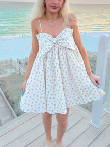 blue floral print fabric and bow strap on Bowshine Dress