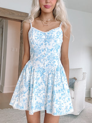 Blue floral Bows in Bloom dress with button front and scalloped hem from Sassy Shortcake

