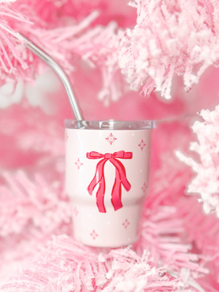 Pink Bow Tiny Tumbler with metal straw; adorable design.
