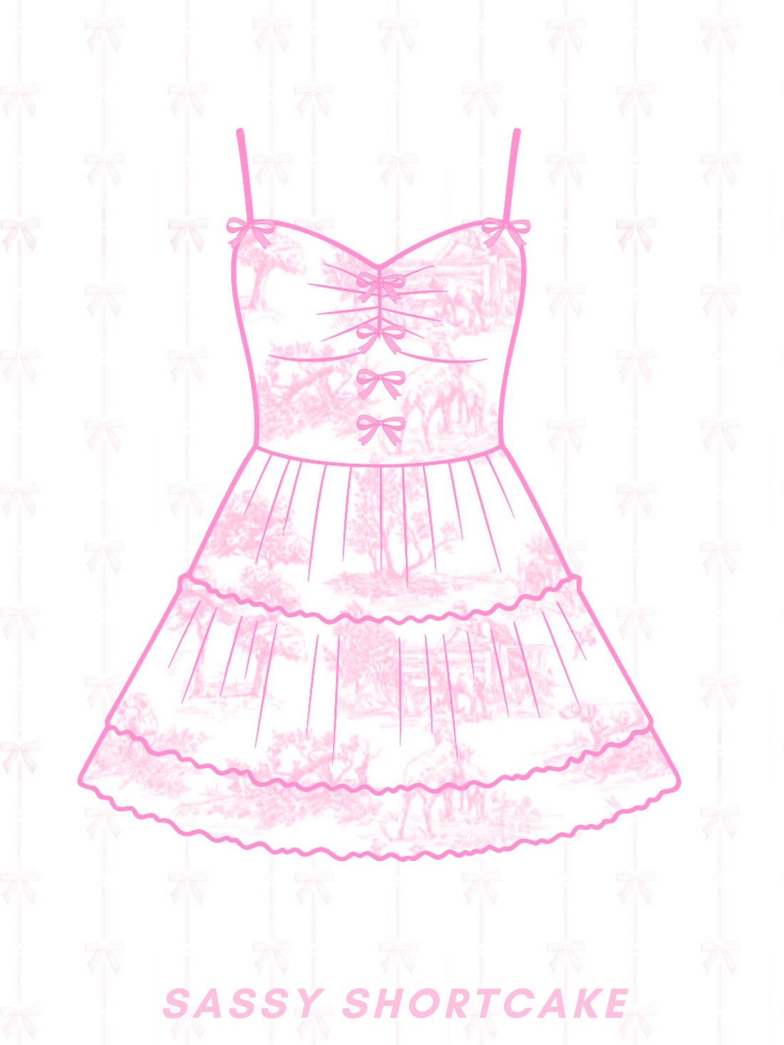 Pink toile dress with Sassy Shortcake text on a white background