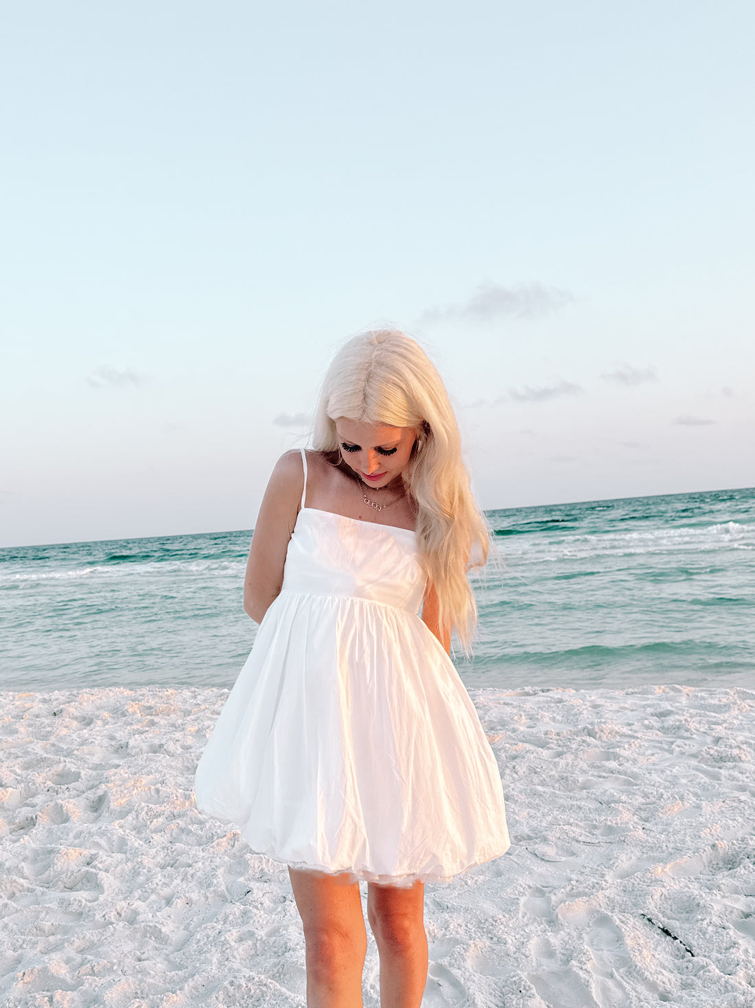 White Bright Beginnings dress, beach-ready summer style.
