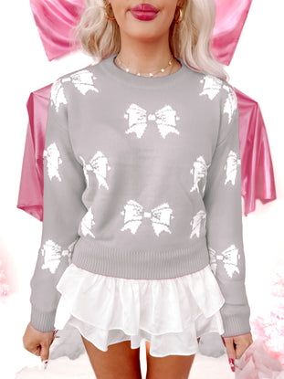 Grey Brooklyn Bow Sweater with white bow details & ruffled white hem
