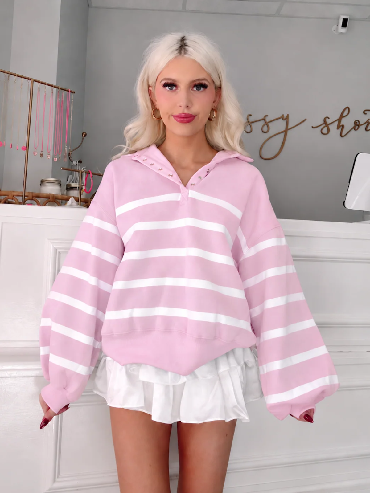 Brynn pullover in baby pink stripe showing the relaxed fit and slouchy sleeves from sassy shortcake