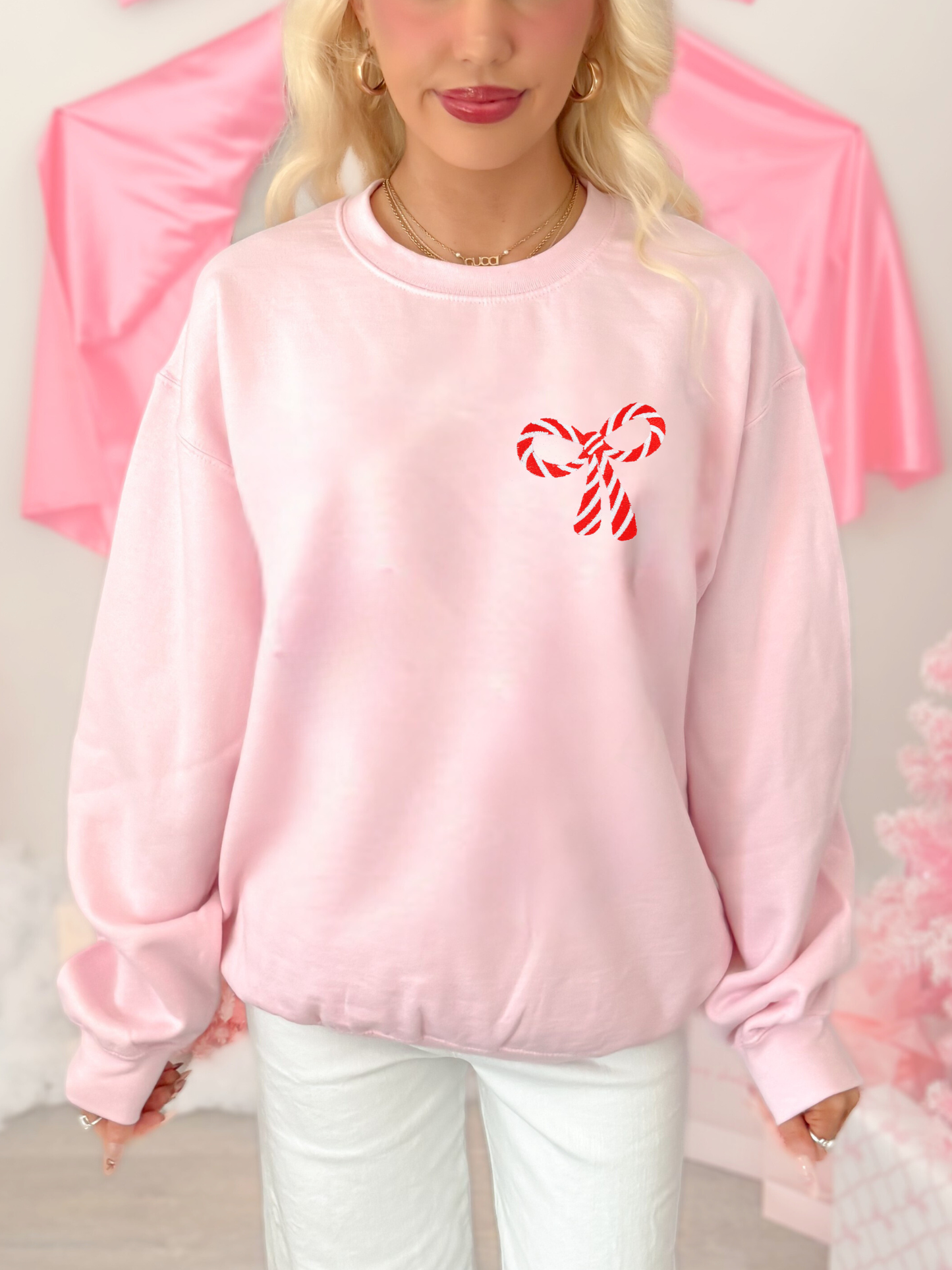 candy cane embroidered pink crewneck from Sassy Shortcake