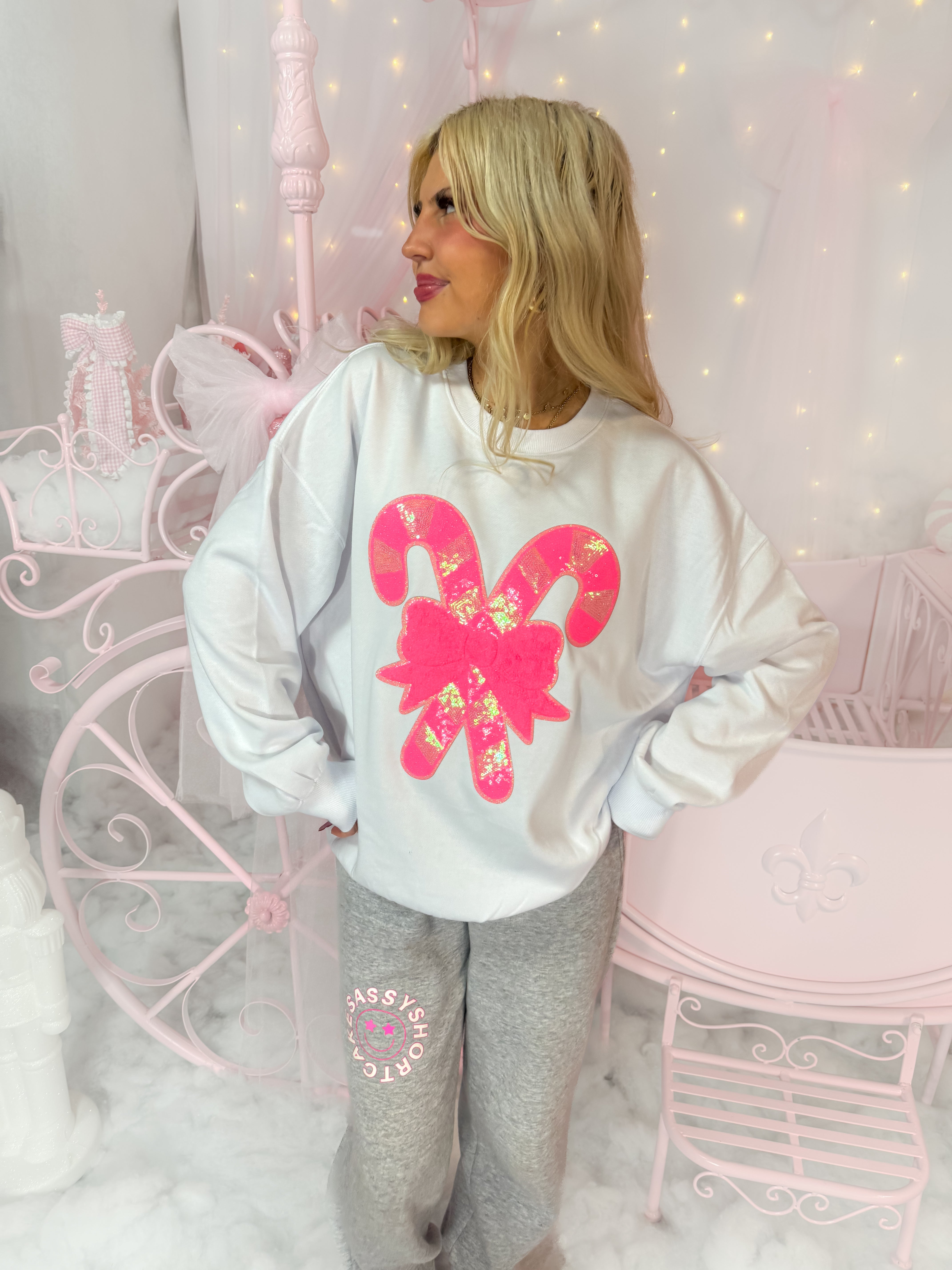 Candy Cane White Holiday Crewneck | Sassy Shortcake | Sassyshortcake.com