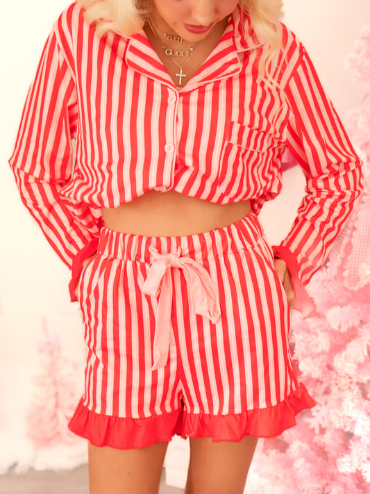Sassy Shortcake Candy Stripe Pajamas front view, elastic waist shorts with white drawstring
