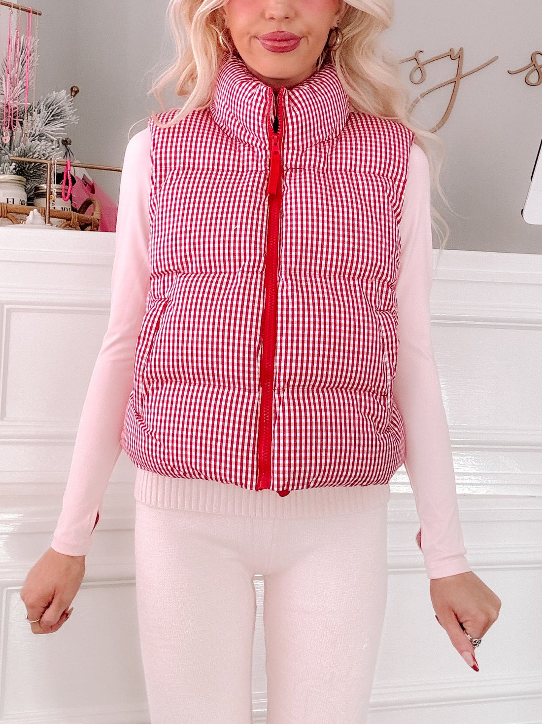 Cherry Picking Vest by Sassy Shortcake  -  red and white checkered puffer vest.