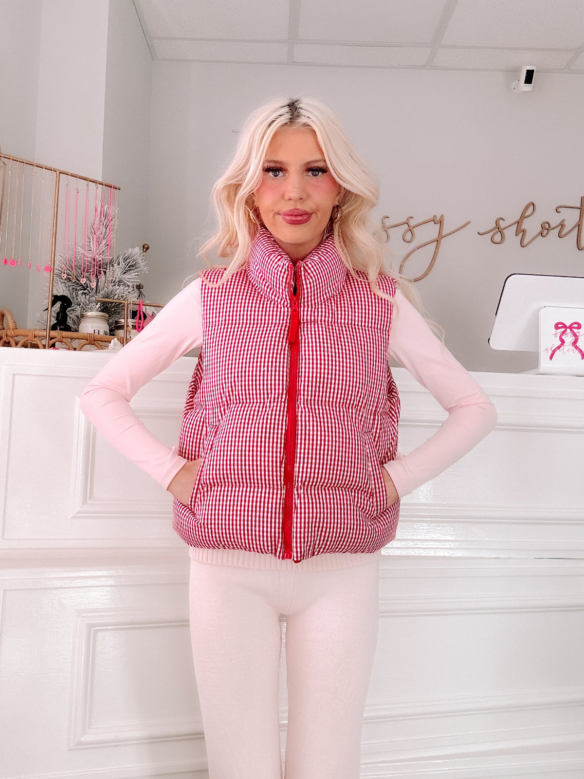 Cherry Picking Vest by Sassy Shortcake  - red checkered puffer vest over a pink long-sleeve shirt.