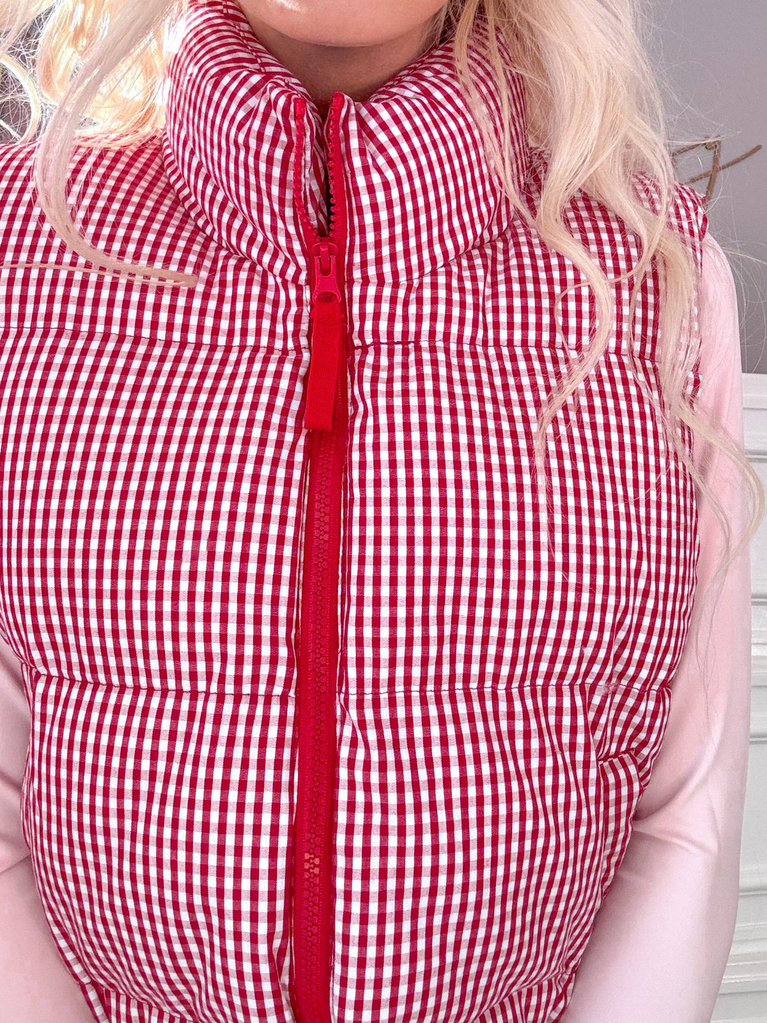 Cherry Picking Vest by Sassy Shortcake  - Red and white checkered puffer vest.