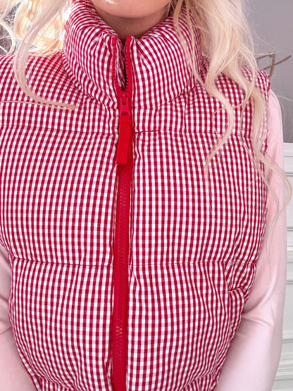 Cherry Picking Vest by Sassy Shortcake  - Red and white checkered puffer vest.
