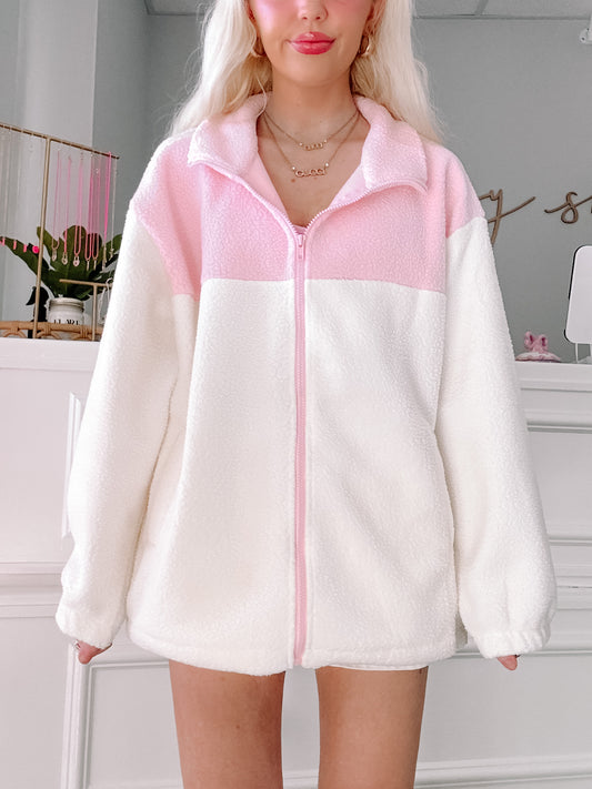 close up view of fleece colorblock jacket from sassy shortcake