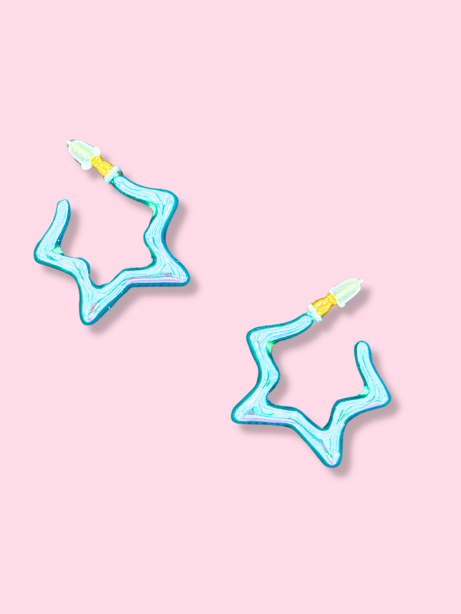 Cyber Star blue iridescent star-shaped hoop earrings
