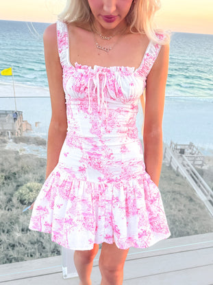 Pink Daphne Toile mini dress with ruffled neckline and tiered skirt.
