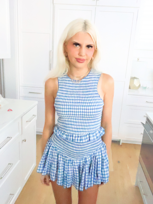 Close-up of smocked gingham crop top with fitted crew neckline from dorothy set as sassyshortcake.com