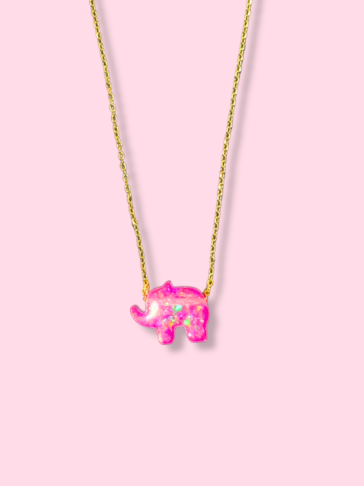 Pink opal elephant crystal necklace with gold chain from sassy shortcake
