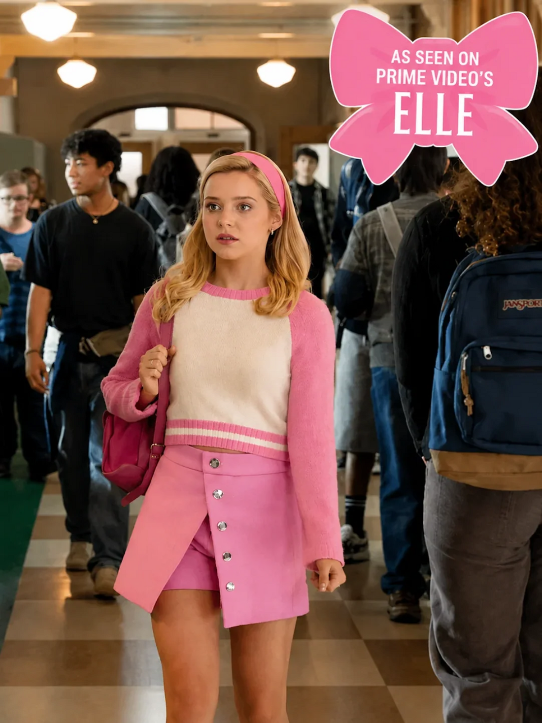 Elle wearing the Home Run Pink Sweater from Sassy Shortcake in the Prime Video series Elle.