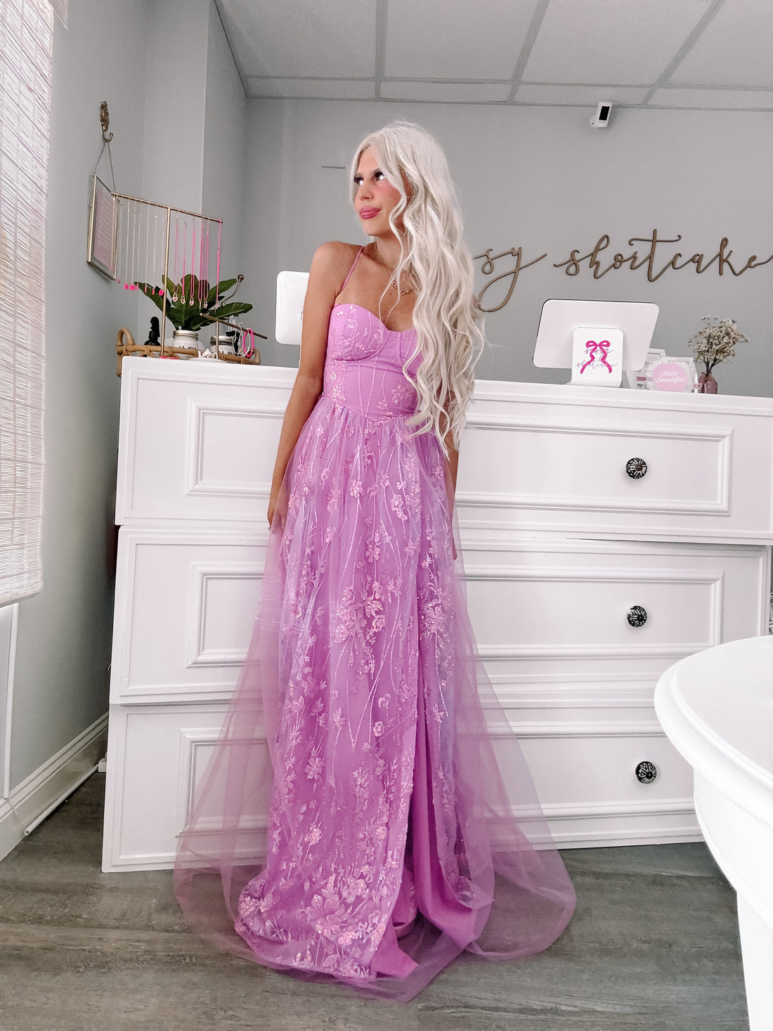 Close-up of ruched strapless bust and soft tulle texture on lilac Enchanted Maxi Dress from sassy shortcake