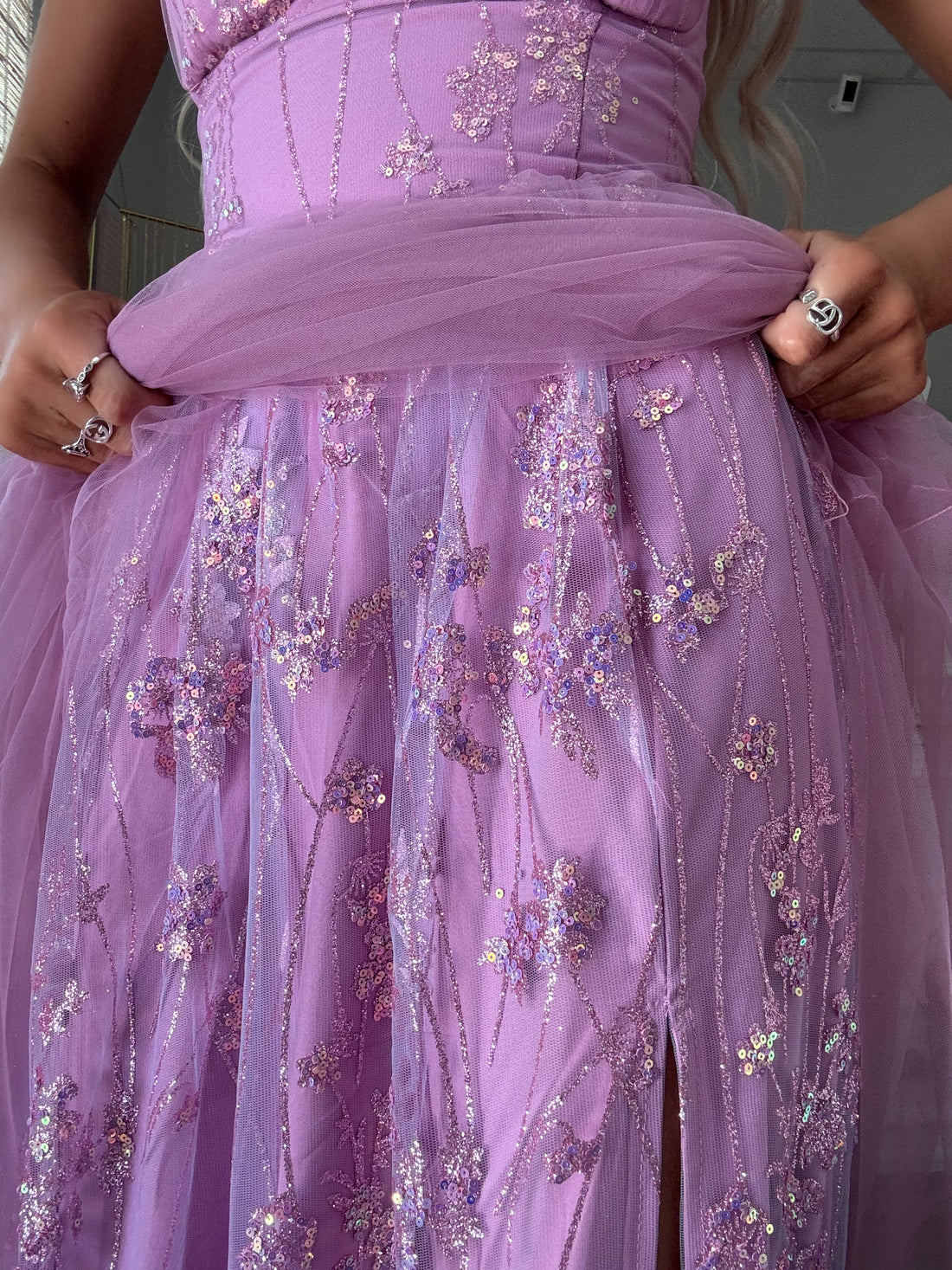 Close-up of ruched strapless bust and soft tulle texture on lilac purple Enchanted Maxi Dress from sassy shortcake