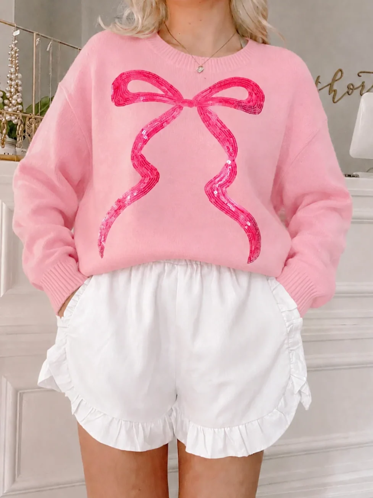 Enchanted Ruffle Shorts in White from Sassy Shortcake styled with the pink Coquette Cutie Bow Sweater