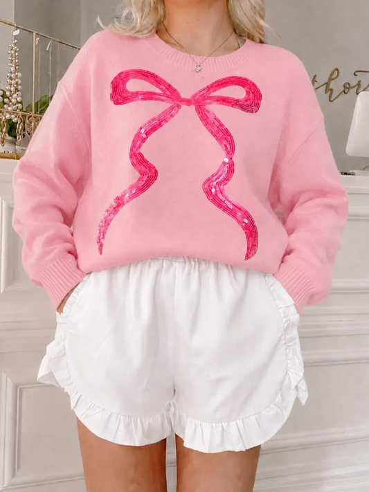 Enchanted Ruffle Shorts in White from Sassy Shortcake styled with the pink Coquette Cutie Bow Sweater