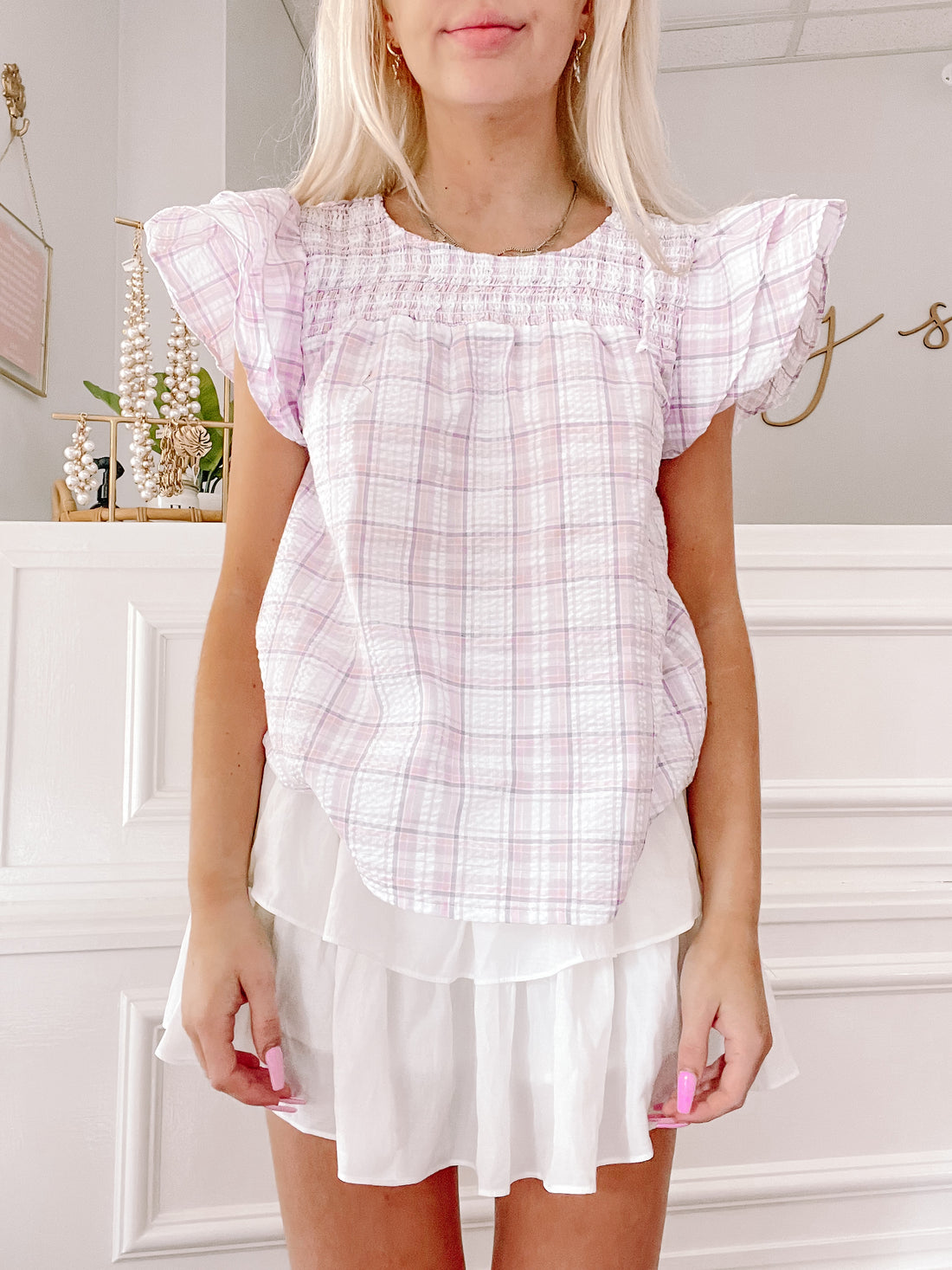 Lilac and white plaid Evelyn top with ruffle sleeves
