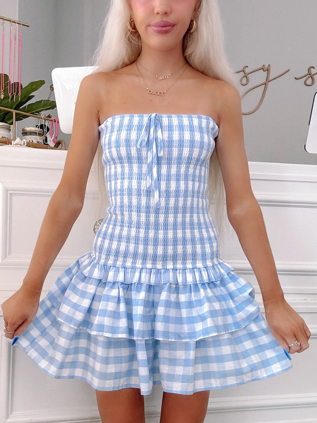 Fair & Square Dress styled for summer with stretchy fit and playful gingham pattern
