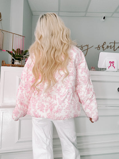 Fairytale Bow Jacket by Sassy Shortcake back view, dreamy pink floral print across hood