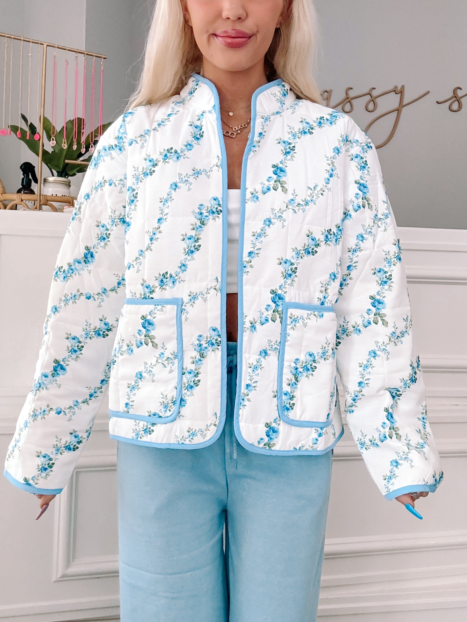 Floral Crest Quilted Blue Jacket Sassy Shortcake Sky Blue Large