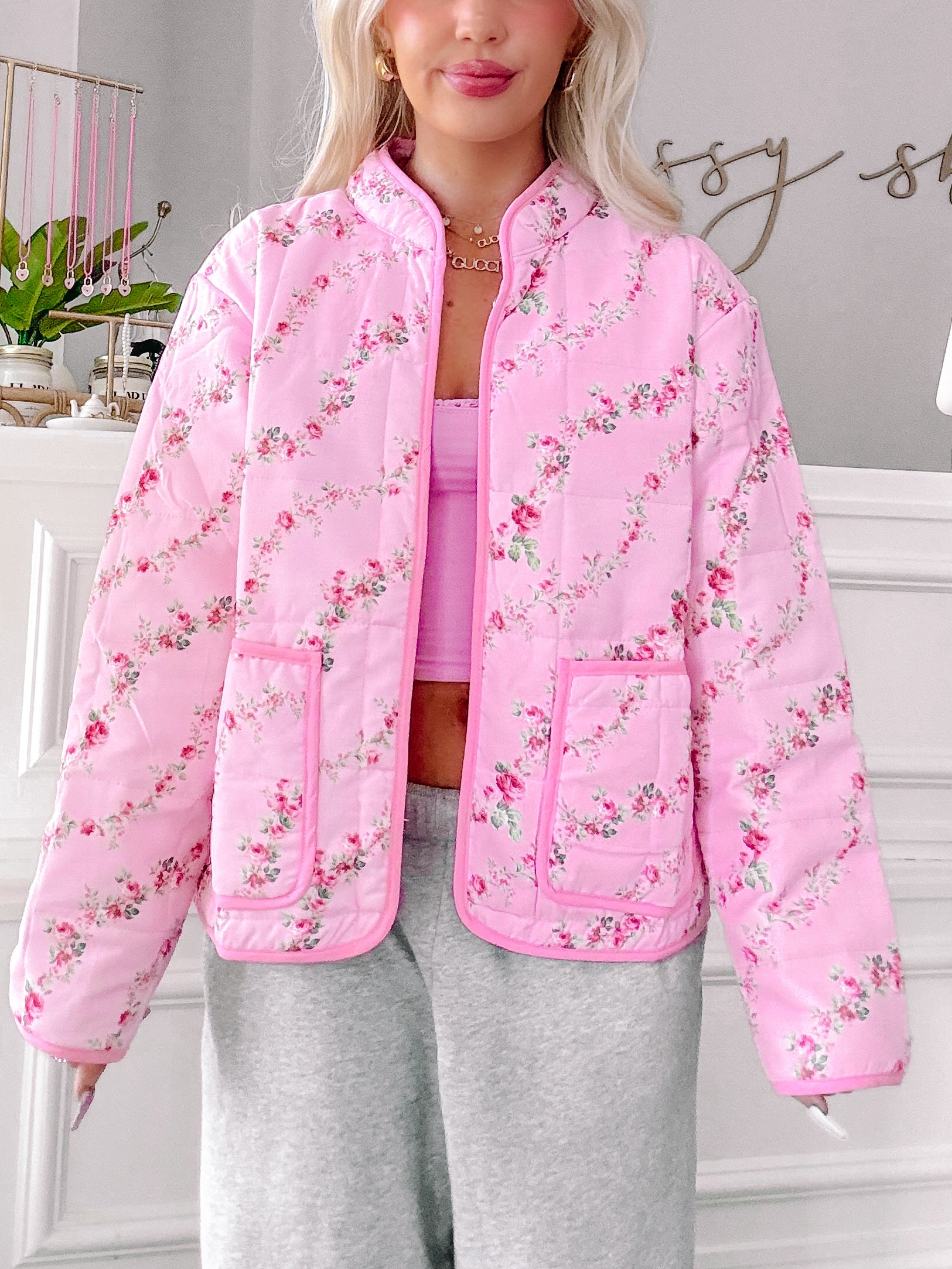 Floral Crest Quilted Pink Floral Jacket | sassyshortcake.com | Sassy Shortcake 