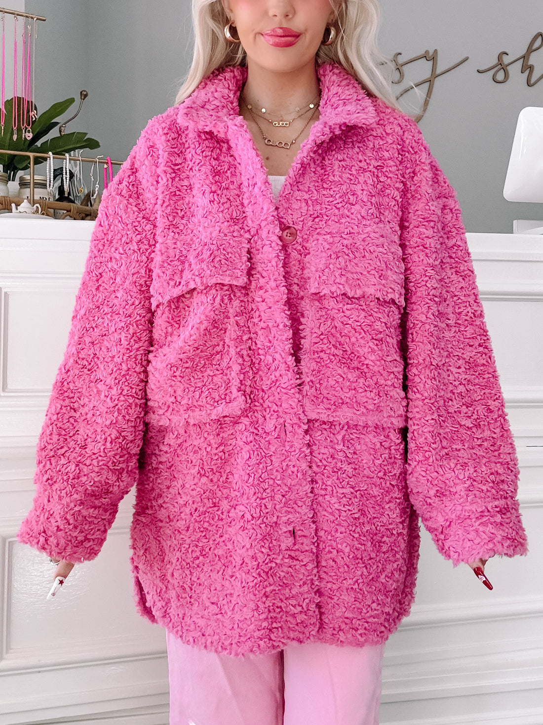 Fluffy in Fuchsia fuzzy pink jacket, oversized fit
