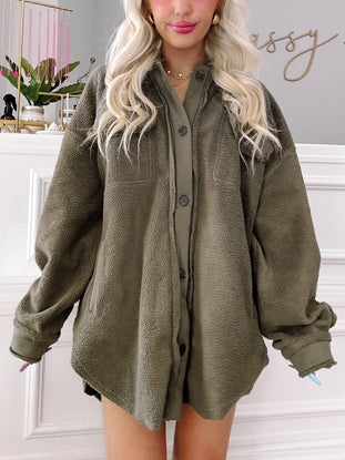 Fuzzy Forrest Shacket in olive green, oversized fit, soft sherpa fleece.
