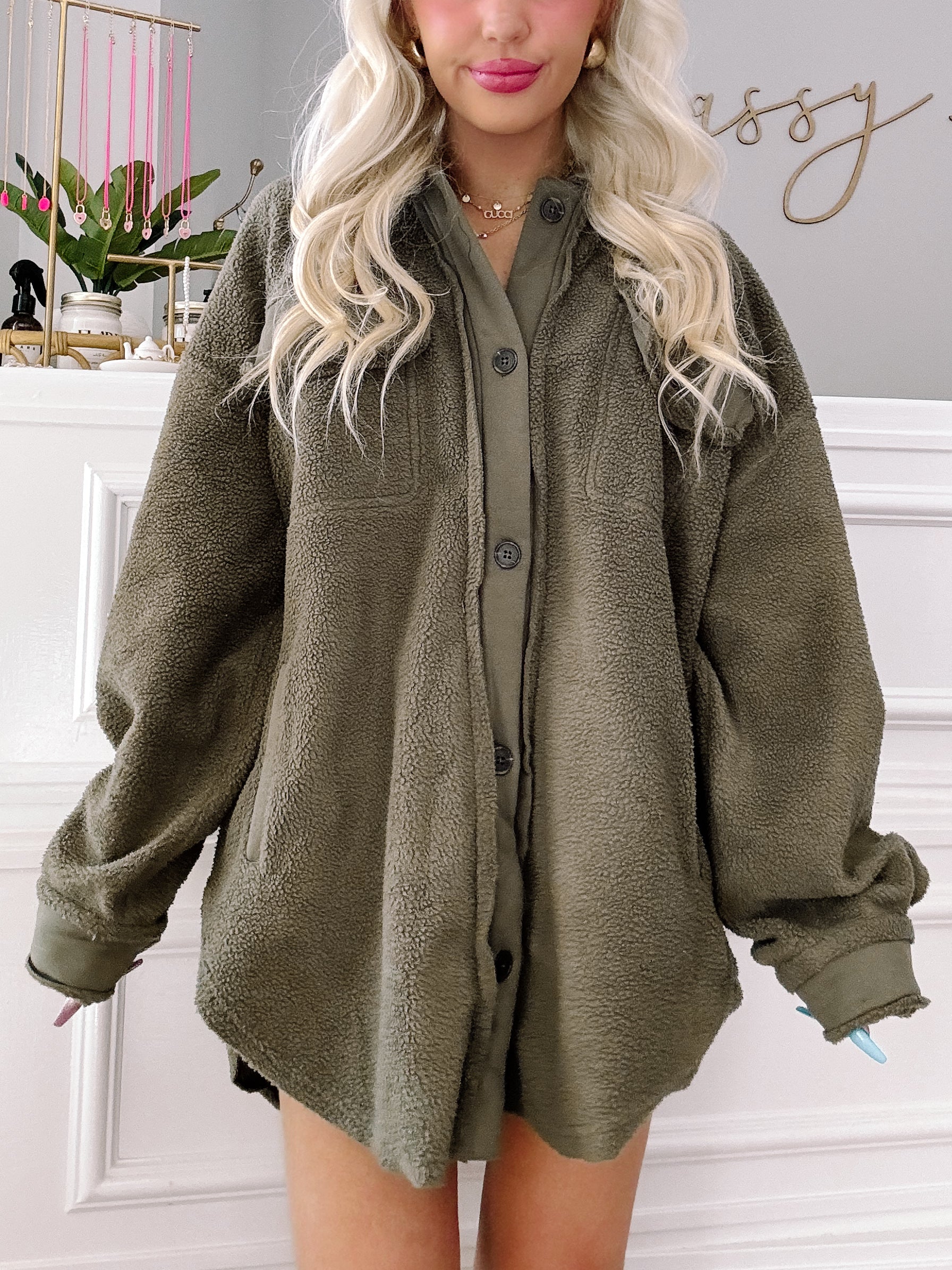 Fuzzy Forrest Olive Shacket | Sassy Shortcake