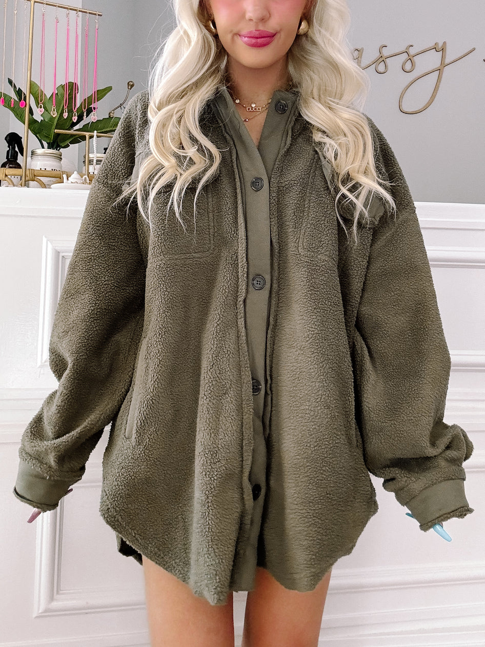 Fuzzy Forrest Shacket in olive green, oversized fit, soft sherpa fleece.
