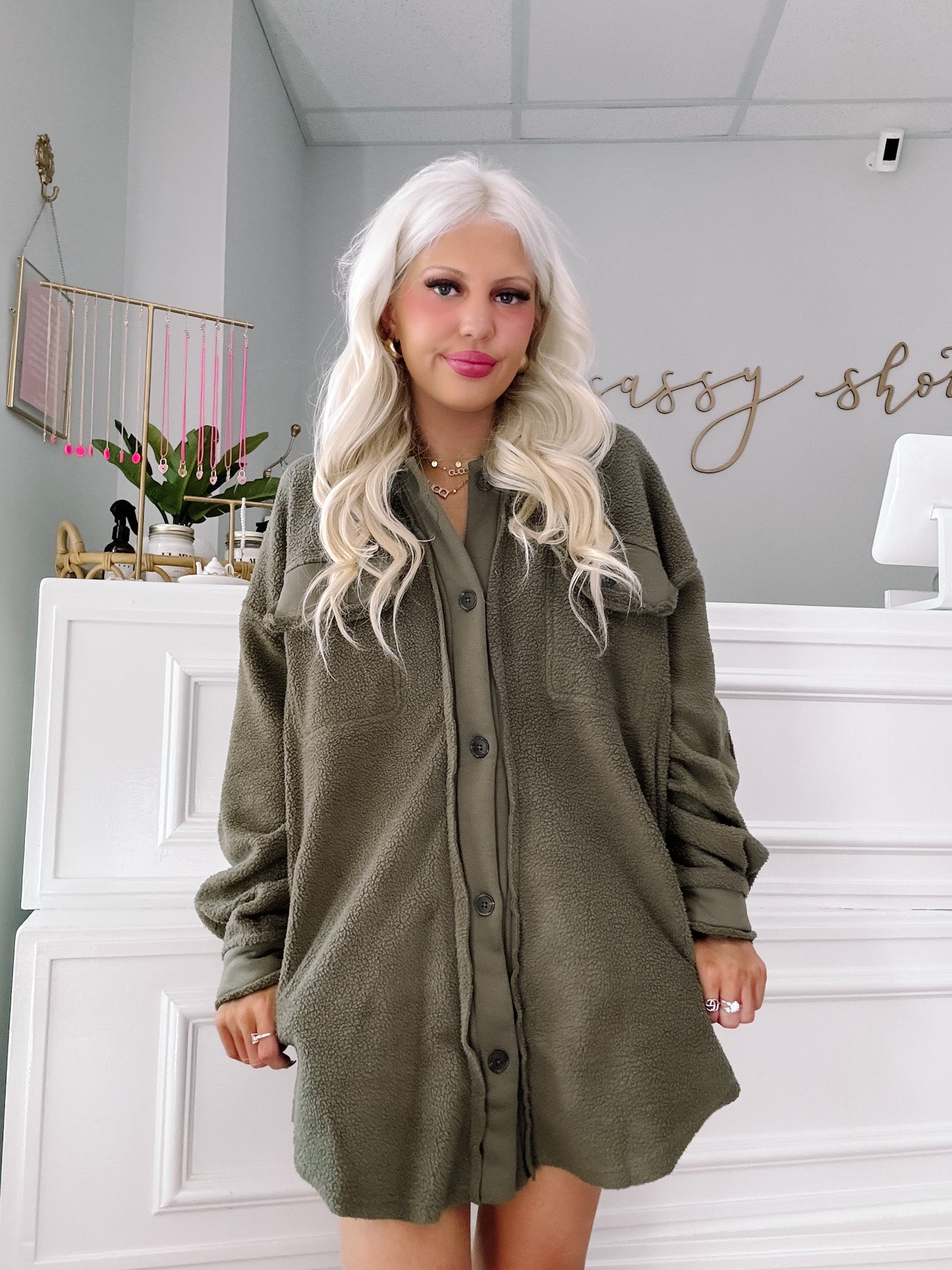 Fuzzy Forrest Olive Shacket | Sassy Shortcake | sassyshortcake.com