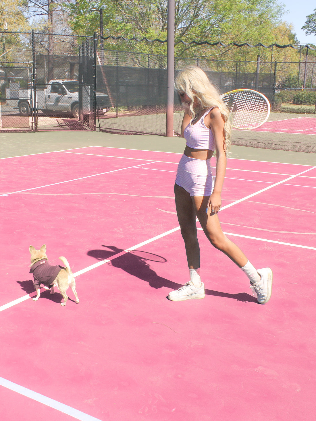 Pink gingham biker shorts and matching top worn on a pink tennis court with a small dog.
