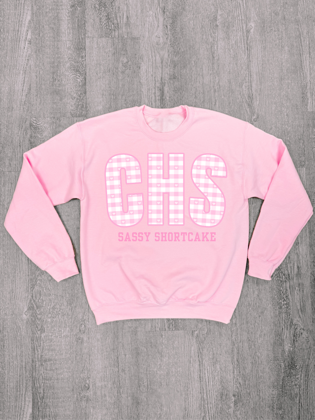 gingham pink crewneck from sassy shortcake - charleston sweatshirt