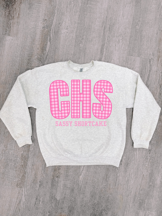 sassy shortcake grey crewneck with pink gingham text